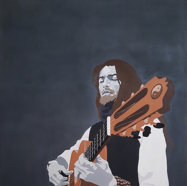 Buy an Original Large Scale Painting of Guitarist Estas Tonne. Dark Grey background, acrylic on Canvas