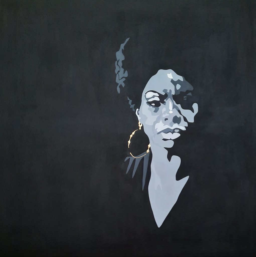 Buy an Original Painting of Nina Simone, in Black, Grey and White with 23 Carat Gold Leaf. Black Background.