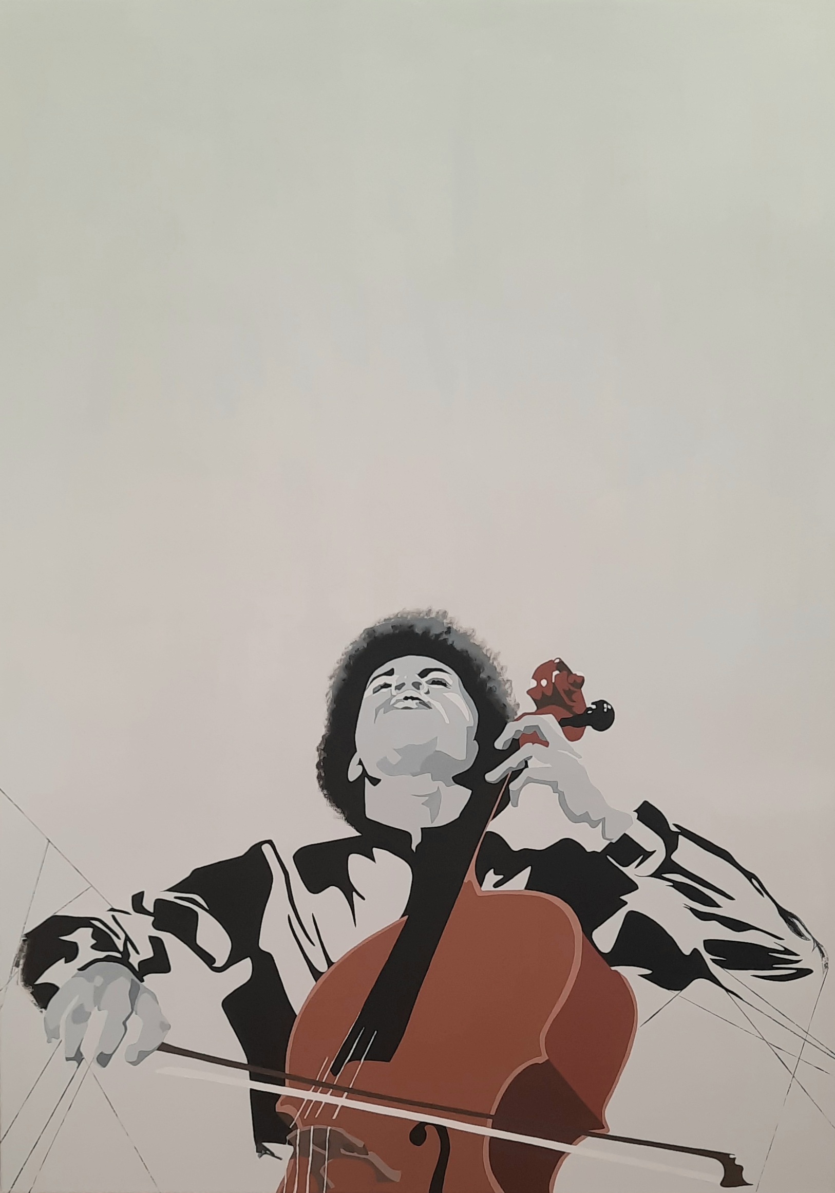 A huge painting of sheku kaneh mason playing the cello. his eyes are closed and he is looking up. The colours/colors are black and grey with a white background and a reddish cello. buy original painting of sheku kaneh mason. sheku kaneh mason wall art for huge spaces. sheku kaneh mason painting for huge wall. minimalist sheku kaneh mason painting. sheku kaneh mason limited edition print. minimalist sheku kaneh mason contemporary art print. buy sheku kaneh mason fan art. Buy An Original Large Scale Painting of sheku kaneh mason by Nadezhda Portrait Artist