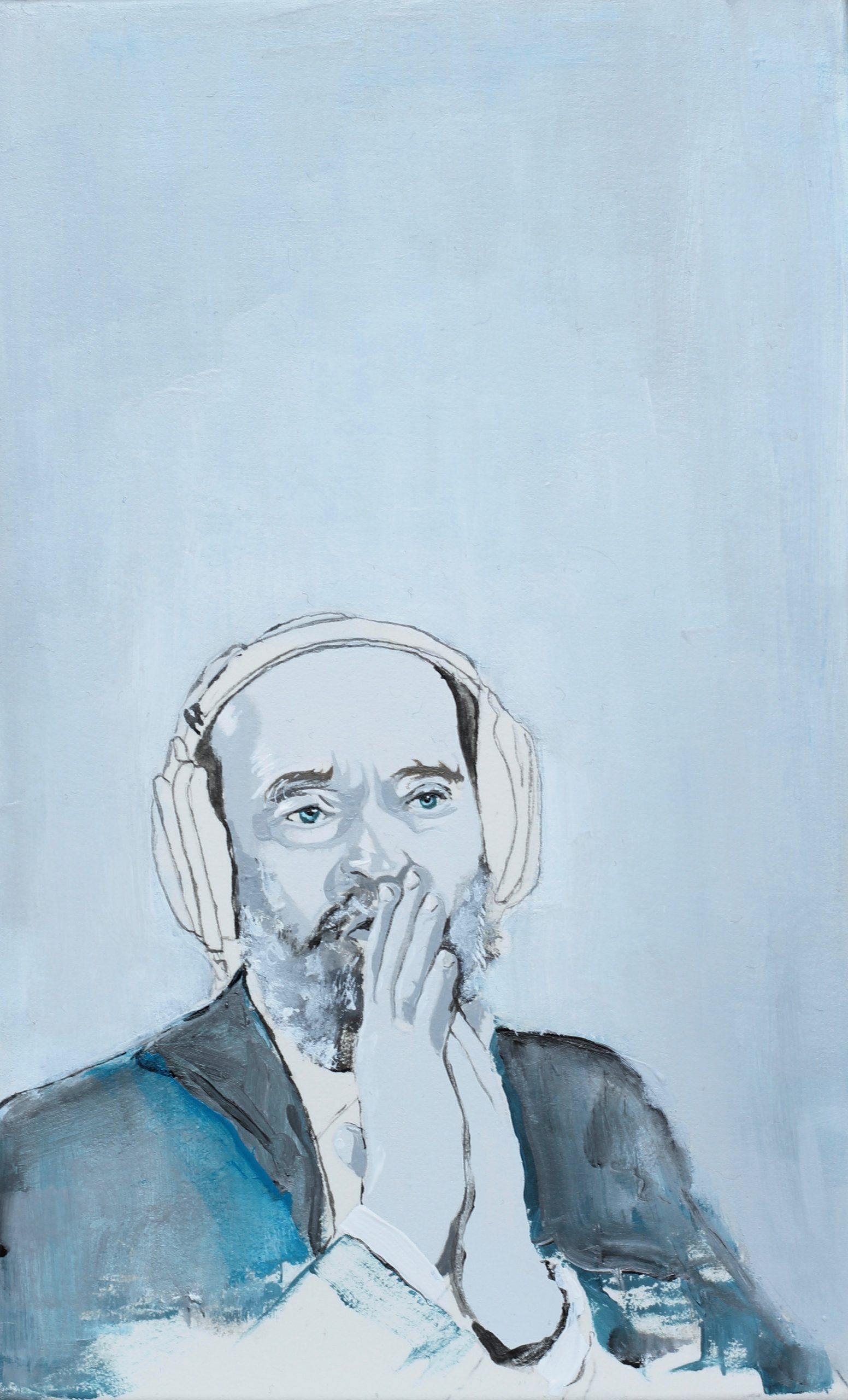a small blue portrait painting of arvo part with headphones on listening to his own music, arvo part wall art, buy a painting of arvo part