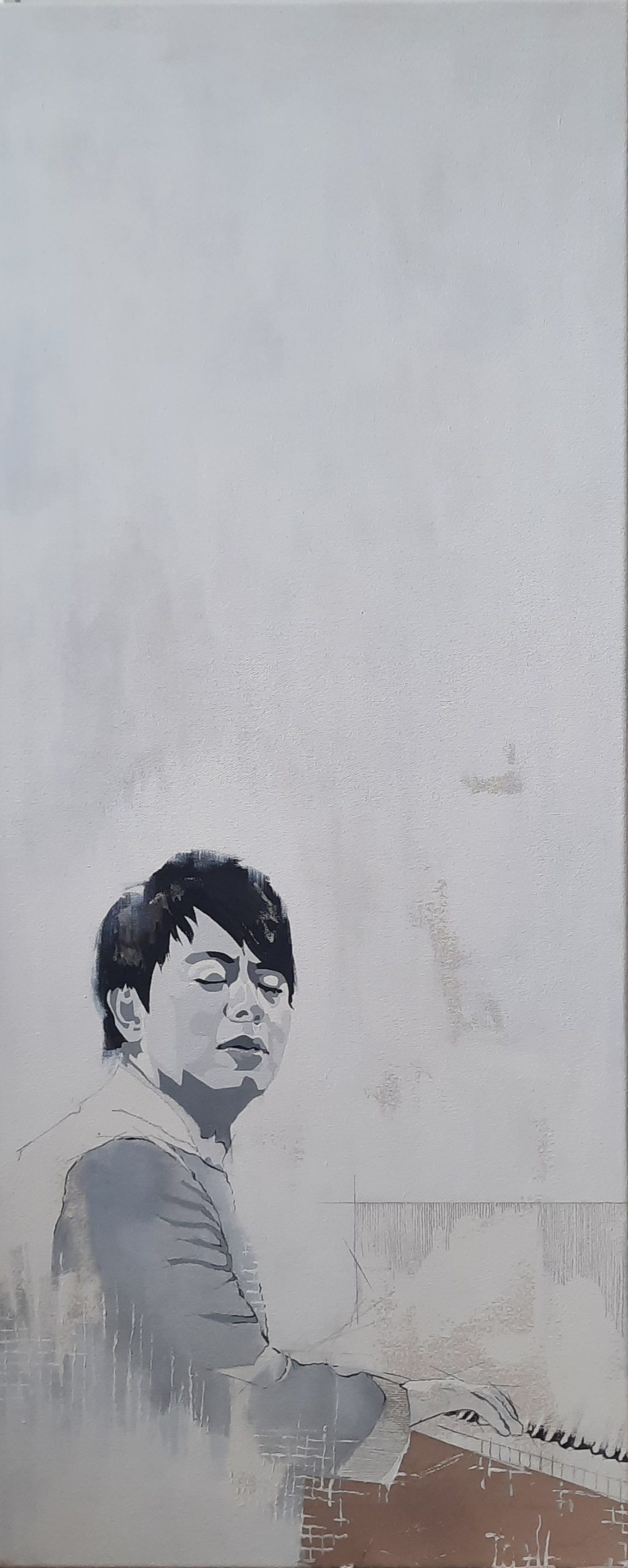a long narrow painting of lang lang in pale grey and white, with pure platinum metal leaf, his hands gently on piano keys, and eyes closed in bliss. buy a painting of lang lang, lang lang wall art, lang lang fan art